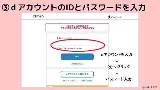 dアカウントある人【手順3】IDとパスワードを入力する
